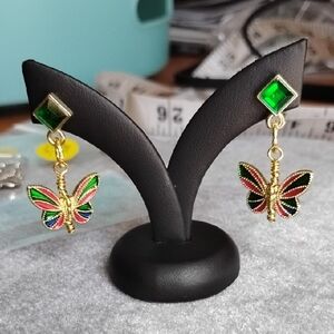 Hand Crafted Gold Multicolor Enamel Butterfly Drop  Stud Earrings